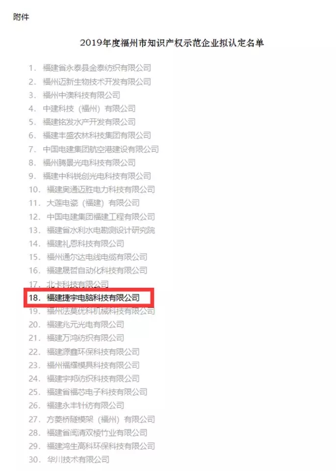 捷宇科技被認定為福州市知識產(chǎn)權示范企業(yè)